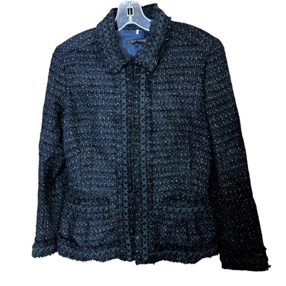 Elie Tahari Sz 10 Navy blue Black Tweed Blazer Jacket Ruffle collar trim - Picture 2 of 8